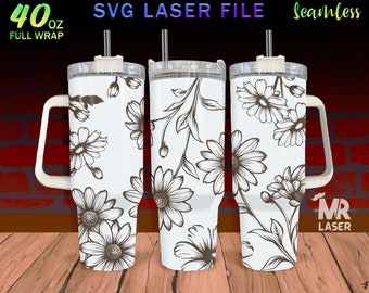 Daisy Laser Engraved full Wrap Design For 40 oz Tumbler, Tumbler Wrap For Laser Rotary Machine, SVG Laser File, Seamless