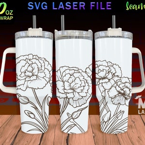 Anjer laser gegraveerd volledig wrap ontwerp voor 40oz tuimelaar, anjer SVG laserbestand, bloem tuimelaar wrap voor laser roterende machine, naadloos