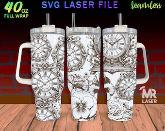 Floral Vintage Clock Tumbler Wrap: Laser Engraved SVG File