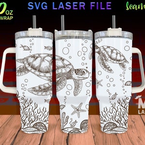 May include: Seamless 40 oz tumbler wrap design featuring a white background with black line drawings of sea turtles, starfish, and bubbles. The design is meant to be used for laser cutting.