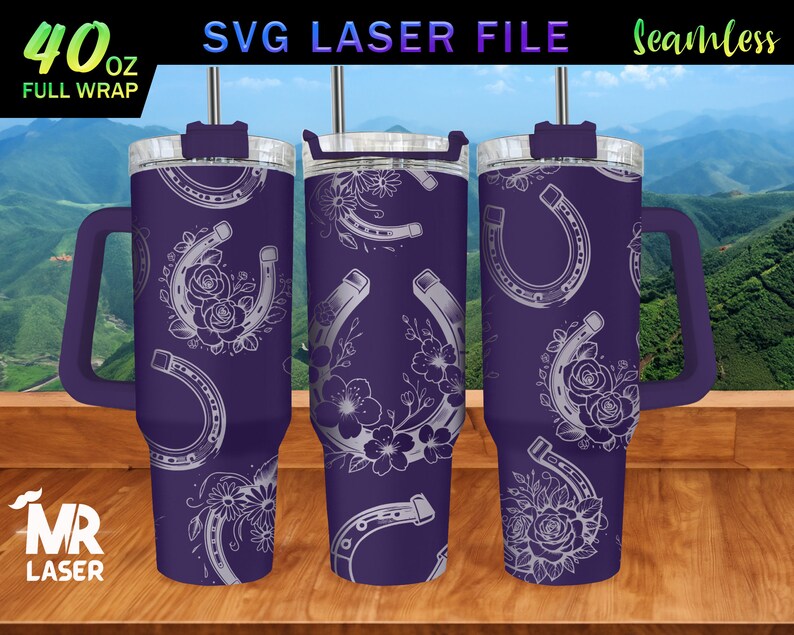 May include: A purple 40 ounce tumbler with a white horseshoe and floral design. The tumbler has a lid and a handle. The text "40 oz FULL WRAP" is visible in the image.