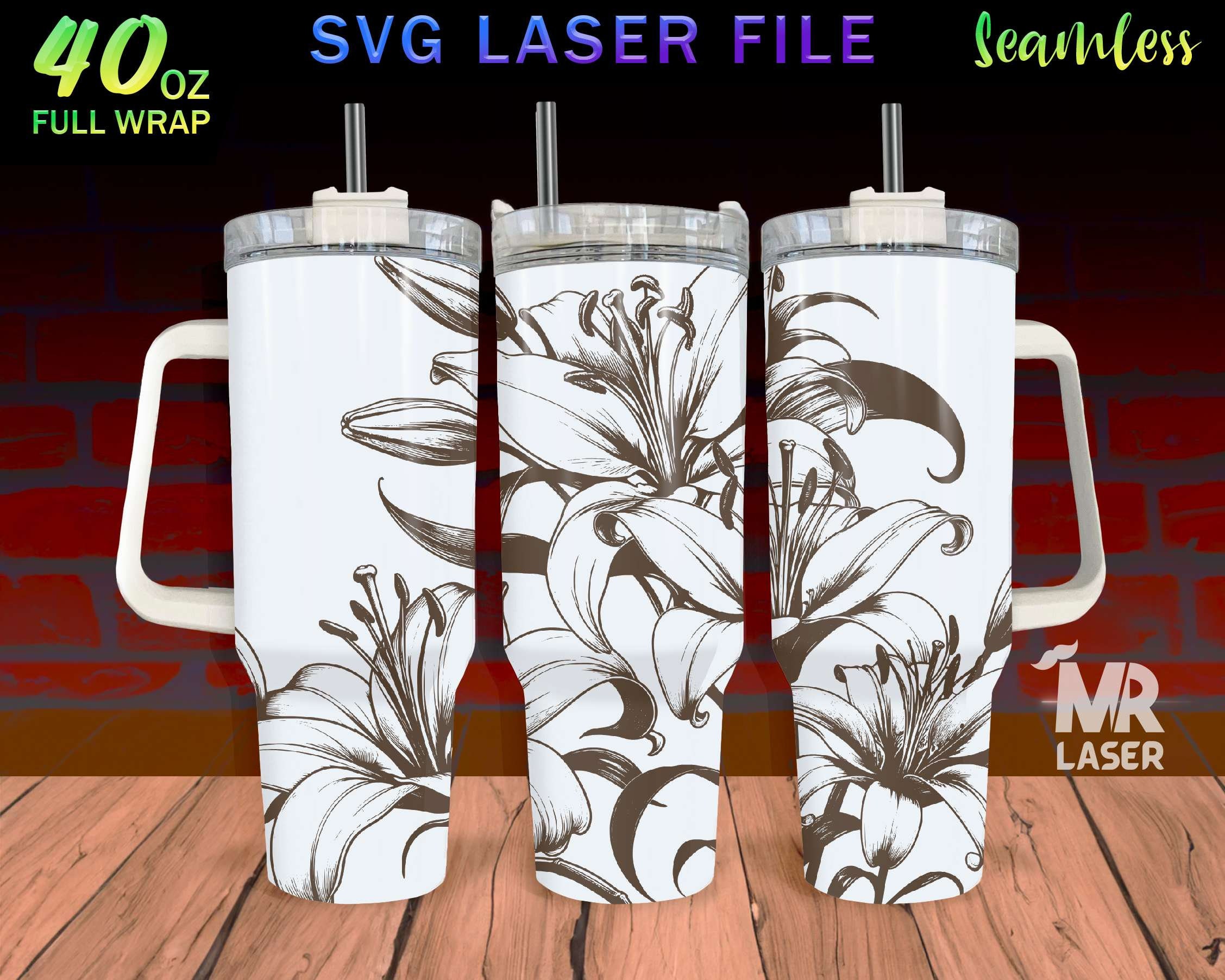 Lily flower Laser Engraved full Wrap Design For 40 oz Tumbler, Flower Tumbler Wrap For Laser Rotary Machine, lily SVG Laser File, Seamless