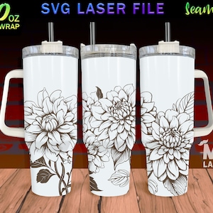 Dahlia Laser Engraved full Wrap Design For 40oz Tumbler, Dahlia SVG Laser File, Flower Tumbler Wrap For Laser Rotary Machine, Seamless