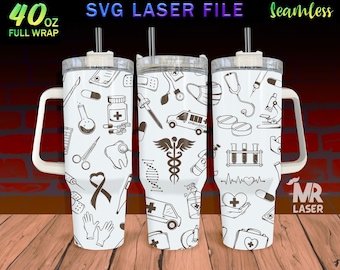 Diseño de envoltura completa grabado con láser de enfermera para vaso de 40 oz, archivo láser SVG Doodle de enfermera, envoltura de vaso para máquina rotativa láser, sin costuras