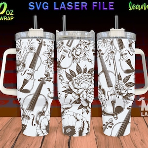 Violin v2 Laser Engraved full Wrap Design For 40 oz Tumbler, Floral Violin Tumbler wrap For Laser Rotary Machine, SVG laser, Seamless