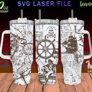 May include: Three 40 oz full wrap tumblers with pirate-themed designs. Each tumbler features a different illustration: a pirate with a map, a ship's wheel with a skull and crossbones, and a sailing ship with a treasure map. The tumblers have white handles and lids.