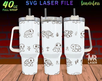 Cute Turtle Laser Engraved full Wrap Design For 40 oz Tumbler, Cute Turtle SVG Laser File, Tumbler Wrap For Laser Rotary Machine, Seamless