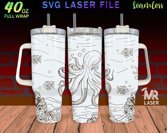 Octopus v2 Laser Engraved full Wrap Design For 40oz Tumbler, Octopus SVG Laser File, Sea Animal Tumbler Wrap For Laser Rotary Machine