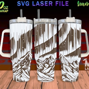 Mountain with aurora Laser Engraved full Wrap Design For 40oz Tumbler, Mountain SVG Laser File, Nature Tumbler Wrap For Laser Rotary Machine
