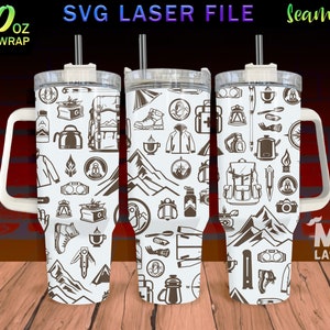 Hiking Laser Engraved full Wrap Design For 40oz Tumbler, Camping Doodle SVG Laser, Sports Tumbler Wrap For Laser Rotary Machine
