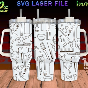 May include: A white 40 ounce stainless steel tumbler with a handle and a straw. The tumbler has a seamless design featuring a pattern of hairdressing tools, including scissors, combs, hair dryers, and razors.