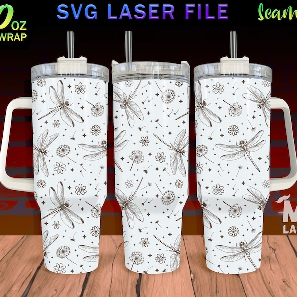 Dragonfly Laser Engraved full Wrap Design For 40oz Tumbler, Dragonfly SVG Laser File, Tumbler Wrap For Laser Rotary Machine