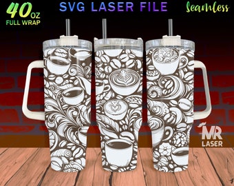 Coffee pattern Laser Engraved full Wrap Design For 40 oz Tumbler, Coffee SVG Laser File, Tumbler Wrap For Laser Rotary Machine, Seamless