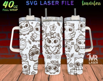 Kawaii owl Laser Engraved full Wrap Design For 40 oz Tumbler, Cute Panda SVG Laser File, Tumbler Wrap For Laser Rotary Machine, Seamless