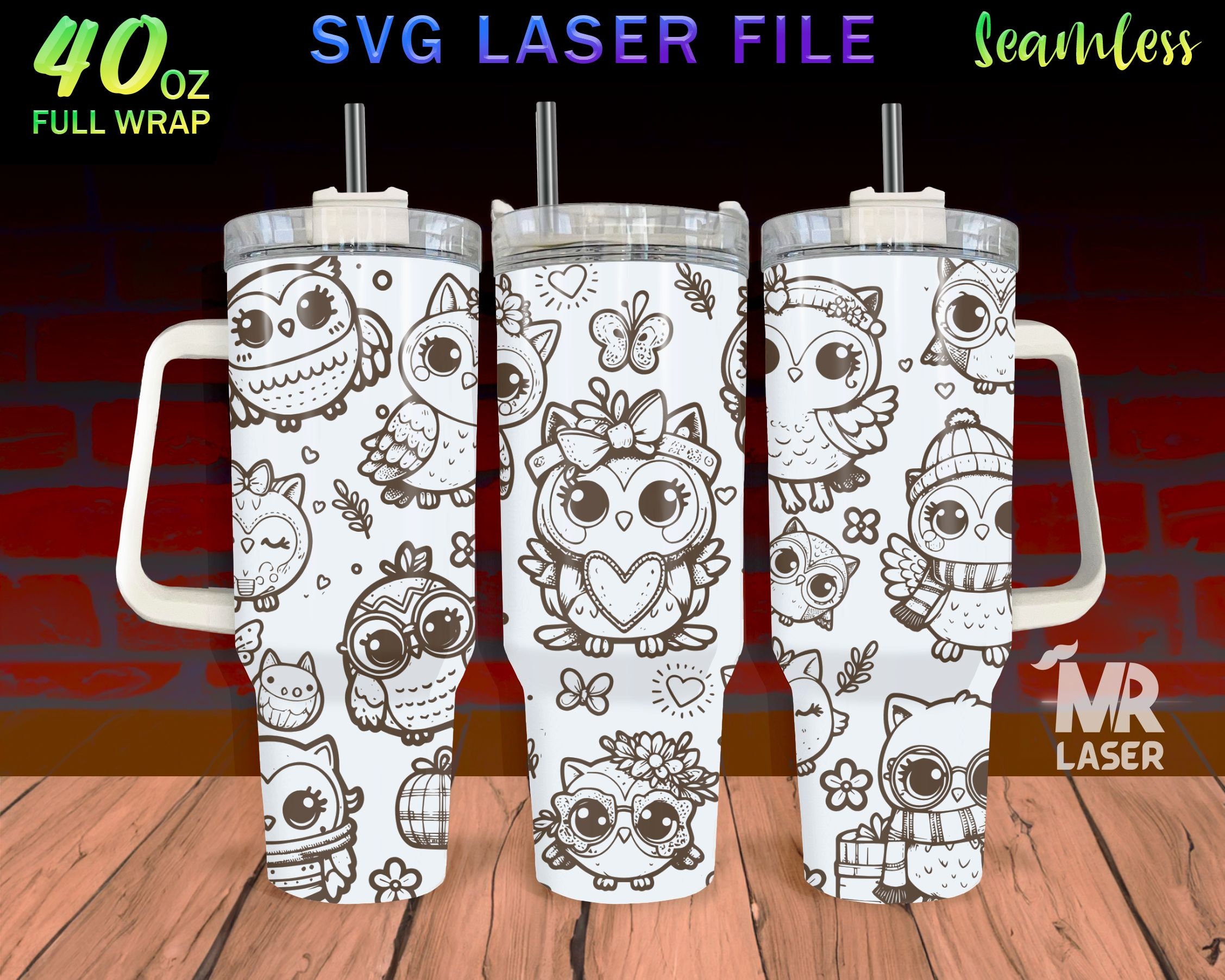 Kawaii owl Laser Engraved full Wrap Design For 40 oz Tumbler, Cute Panda SVG Laser File, Tumbler Wra