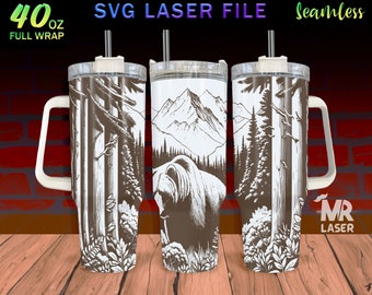 Bear v2 Laser Engraved full Wrap Design For 40oz Tumbler, bear SVG Laser File, Forest Bear Tumbler Wrap For Laser Rotary Machine, Seamless