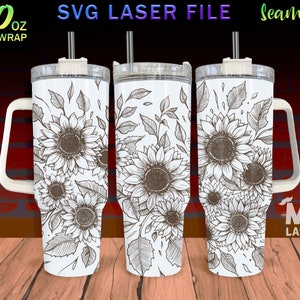 Sunflower v3 Laser Engraved full Wrap Design For 40 oz Tumbler, Tumbler Wrap For Laser Rotary Machine, sunflower SVG Laser File, Seamless