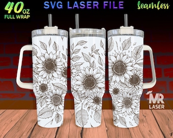 Sunflower v3 Laser Engraved full Wrap Design For 40 oz Tumbler, Tumbler Wrap For Laser Rotary Machine, sunflower SVG Laser File, Seamless