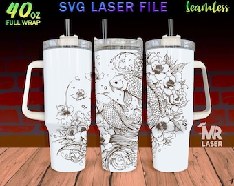 Koi Fish Laser Engraved full Wrap Design For 40oz Tumbler, Fish SVG Laser File, Tumbler Wrap For Laser Rotary Machine, Seamless