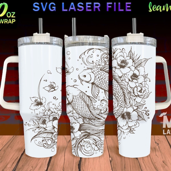 Koi Fish Laser Engraved full Wrap Design For 40oz Tumbler, Fish SVG Laser File, Tumbler Wrap For Laser Rotary Machine, Seamless
