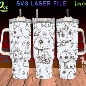 Cute Dinosaurs Laser Engraved full Wrap Design For 40 oz Tumbler, Dino Tumbler Wrap For Laser Rotary Machine, Cloud SVG Laser File, Seamless