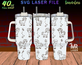 Cute Horse Laser Engraved full Wrap Design For 40oz Tumbler, Horse SVG Laser File, Tumbler Wrap For Laser Rotary Machine