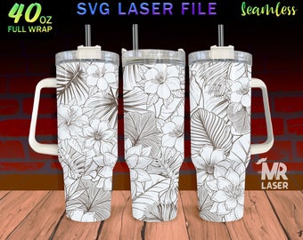 Tropical Leaves v2 Laser Engraved full Wrap Design For 40 oz Tumbler, Leaves Doodle SVG Laser, Tumbler Wrap For Laser Rotary Machine