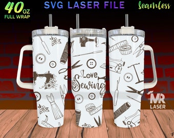 Sewing Laser Engraved full Wrap Design For 40 oz Tumbler, Sewing Doodle SVG Laser File, Tumbler Wrap For Laser Rotary Machine, Seamless