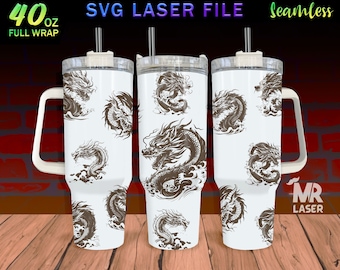 Dragon Laser Engraved full Wrap Design For 40oz Tumbler, Dragon SVG Laser File, Dragon Tumbler Wrap For Laser Rotary Machine