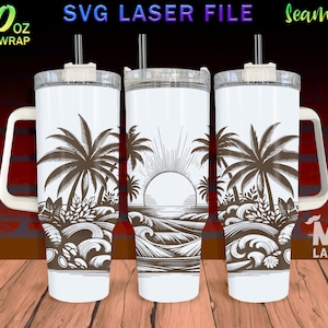 May include: A white 40 ounce tumbler with a handle and a straw. The tumbler has a design of palm trees and ocean waves with a sunset in the background. The text "SVG LASER FILE" and "Seamless" is visible at the top of the image.