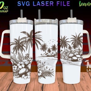 Palm on the beach Laser Engraved full Wrap Design For 40 oz Tumbler, beach SVG Laser File, Tumbler Wrap For Laser Rotary Machine, Seamless