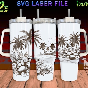 May include: A white 40 ounce stainless steel tumbler with a handle and a straw. The tumbler has a seamless design featuring a tropical scene with palm trees, coconuts, and flowers. The text "SVG LASER FILE" and "Seamless" is visible at the top of the image.