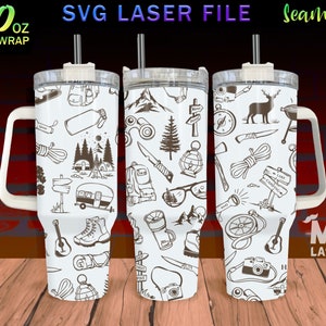 Camping Laser Engraved full Wrap Design For 40 oz Tumbler, Camping Doodle SVG Laser File, Tumbler Wrap For Laser Rotary Machine, Seamless