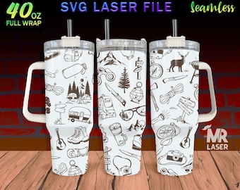 Camping Laser Engraved full Wrap Design For 40 oz Tumbler, Camping Doodle SVG Laser File, Tumbler Wrap For Laser Rotary Machine, Seamless