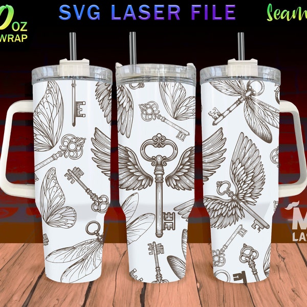 Key wings Laser Engraved full Wrap Design For 40 oz Tumbler, Key wings Tumbler Wrap For Laser Rotary Machine, key SVG Laser File, Seamless