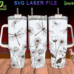 Dragonfly and flowers  Laser Engraved full Wrap Design For 40oz Tumbler, Dragonfly SVG Laser File, Tumbler Wrap For Laser Rotary Machine