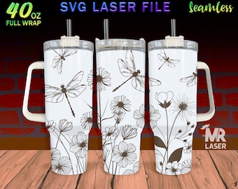 Dragonfly and flowers  Laser Engraved full Wrap Design For 40oz Tumbler, Dragonfly SVG Laser File, Tumbler Wrap For Laser Rotary Machine