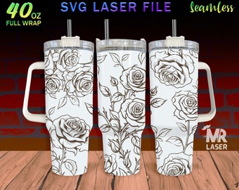 Rose Laser Engraved full Wrap Design For 40 oz Tumbler, Rose SVG Laser File, Tumbler Wrap For Laser Rotary Machine, Seamless