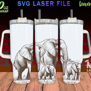 May include: A white 40 ounce stainless steel tumbler with a handle and a straw. The tumbler features a graphic of three elephants, one large elephant with two smaller elephants beside it. The graphic is in black and white.