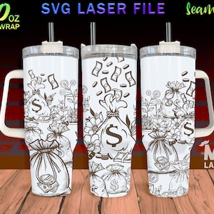 Sacchetti di soldi Design avvolgente completo inciso al laser per bicchiere da 40 once, sacchetti di soldi Tumbler Wrap per macchina rotativa laser, borsa File laser SVG, senza soluzione di continuità