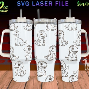 Cute Dino Laser Engraved full Wrap Design For 40oz Tumbler, Cute Dino SVG Laser File, Tumbler Wrap For Laser Rotary Machine, Seamless