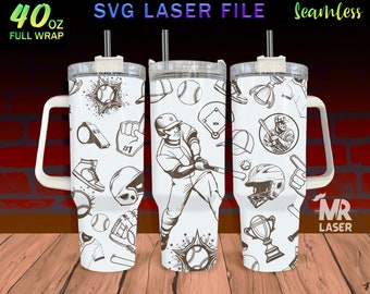 Baseball Laser Engraved full Wrap Design For 40 oz Tumbler, Baseball Doodle SVG Laser File, Tumbler Wrap For Laser Rotary Machine, Seamless