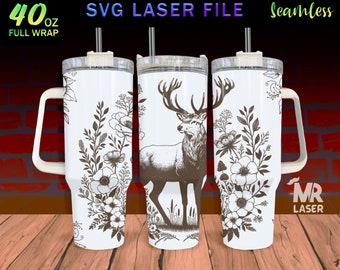 Deer Laser Engraved full Wrap Design For 40oz Tumbler, deer SVG Laser File, floral deer Tumbler Wrap For Laser Rotary Machine