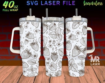 May include: A white 40 ounce stainless steel tumbler with a handle and a straw. The tumbler has a seamless design featuring a black and white pattern of strawberries and leaves.