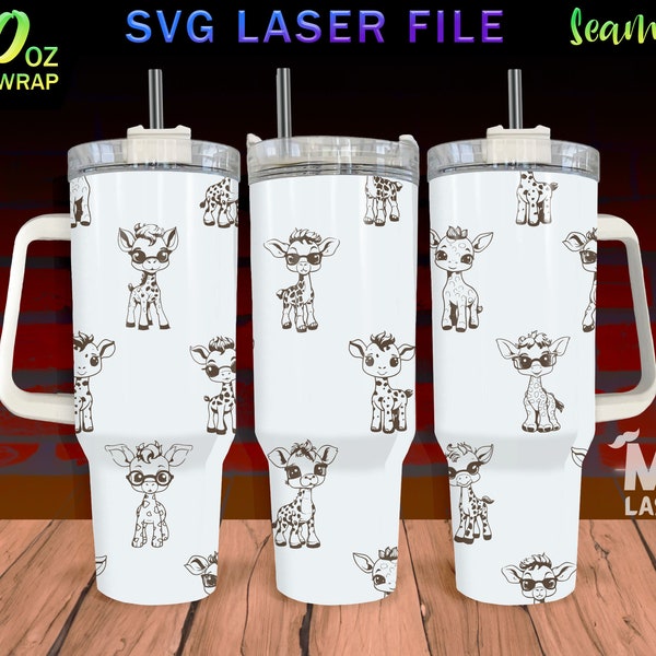 Cute Giraffe Laser Engraved full Wrap Design For 40 oz Tumbler, Tumbler Wrap For Laser Rotary Machine, Baby Giraffe SVG Laser File, Seamless