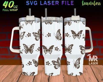 Butterfly v1 Laser Engraved full Wrap Design For 40 oz Tumbler, Tumbler Wrap For Laser Rotary Machine, Butterfly SVG Laser File, Seamless