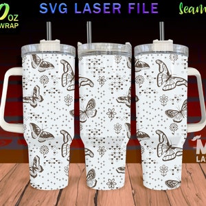 Butterfly Laser Engraved full Wrap Design For 40oz Tumbler, Butterfly Doodle SVG Laser File, Tumbler Wrap For Laser Rotary Machine, Seamless