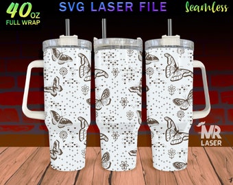Butterfly Laser Engraved full Wrap Design For 40oz Tumbler, Butterfly Doodle SVG Laser File, Tumbler Wrap For Laser Rotary Machine, Seamless