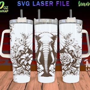 May include: A white 40 ounce tumbler with a handle, featuring a seamless design of two elephants and floral elements. The tumbler is designed for full wrap sublimation.
