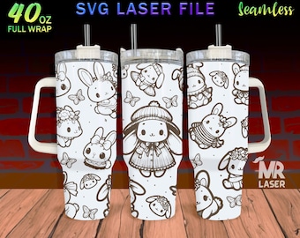Kawaaii Bunny Laser gravierte Wrap Design für 40 oz Tumbler, Tumbler Wrap für Laserrotationsmaschine, Cute Bunny SVG Laser-Datei